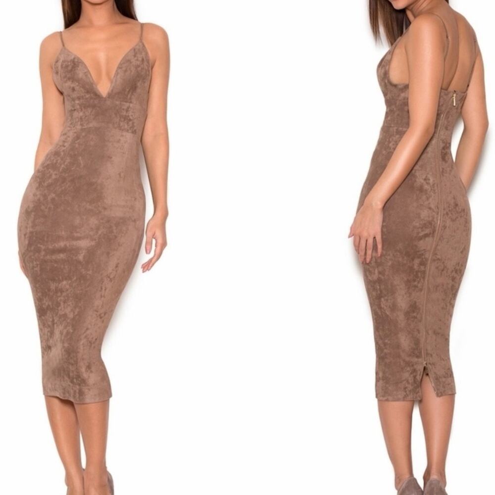 House of CB Vani Taupe Stretch Suedette Bralette bodycon Midi Dress size XS